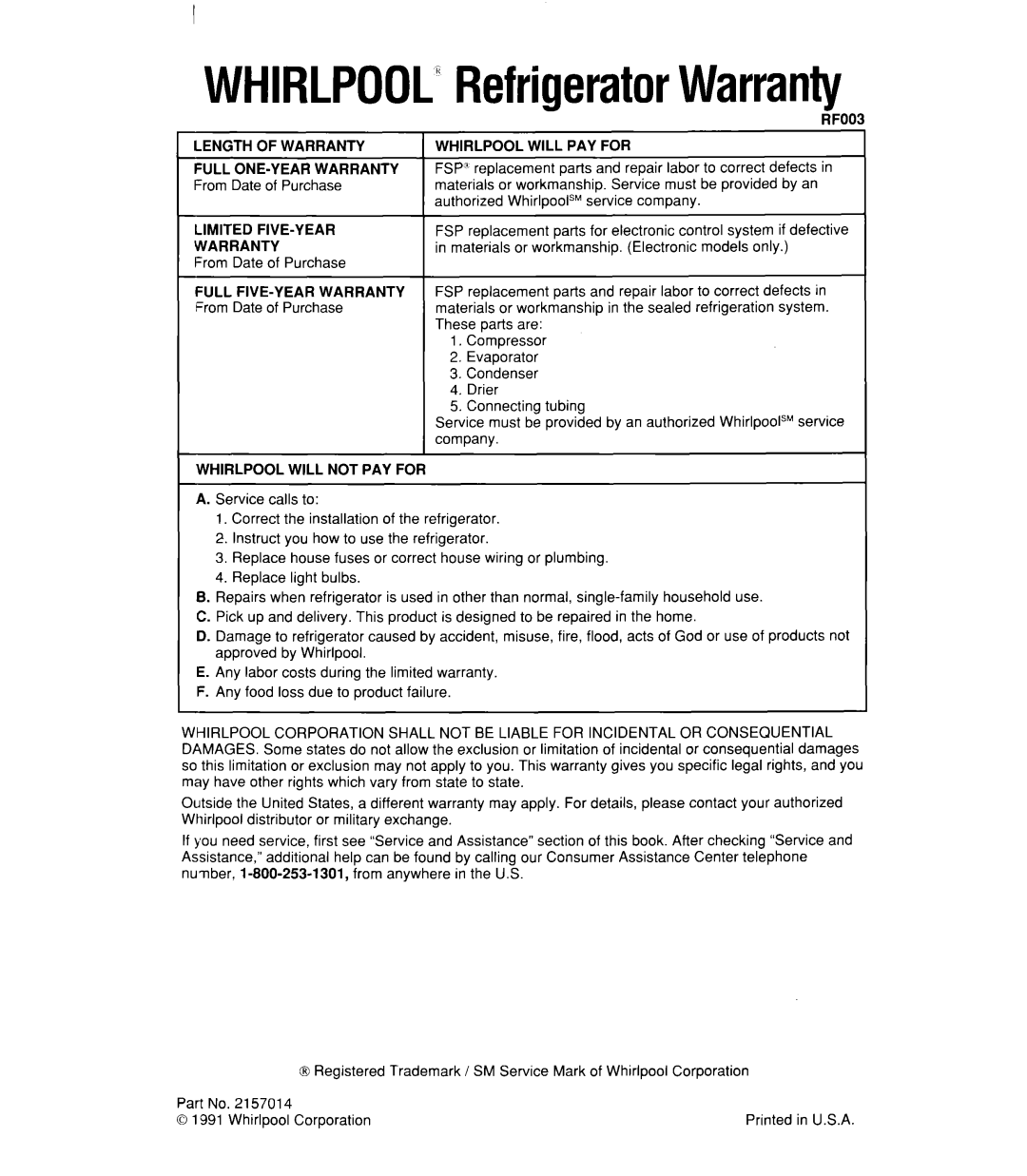 Whirlpool ED22RK, ED22DK manual Limited FIVE-YEAR, Whirlpool will not PAY for 