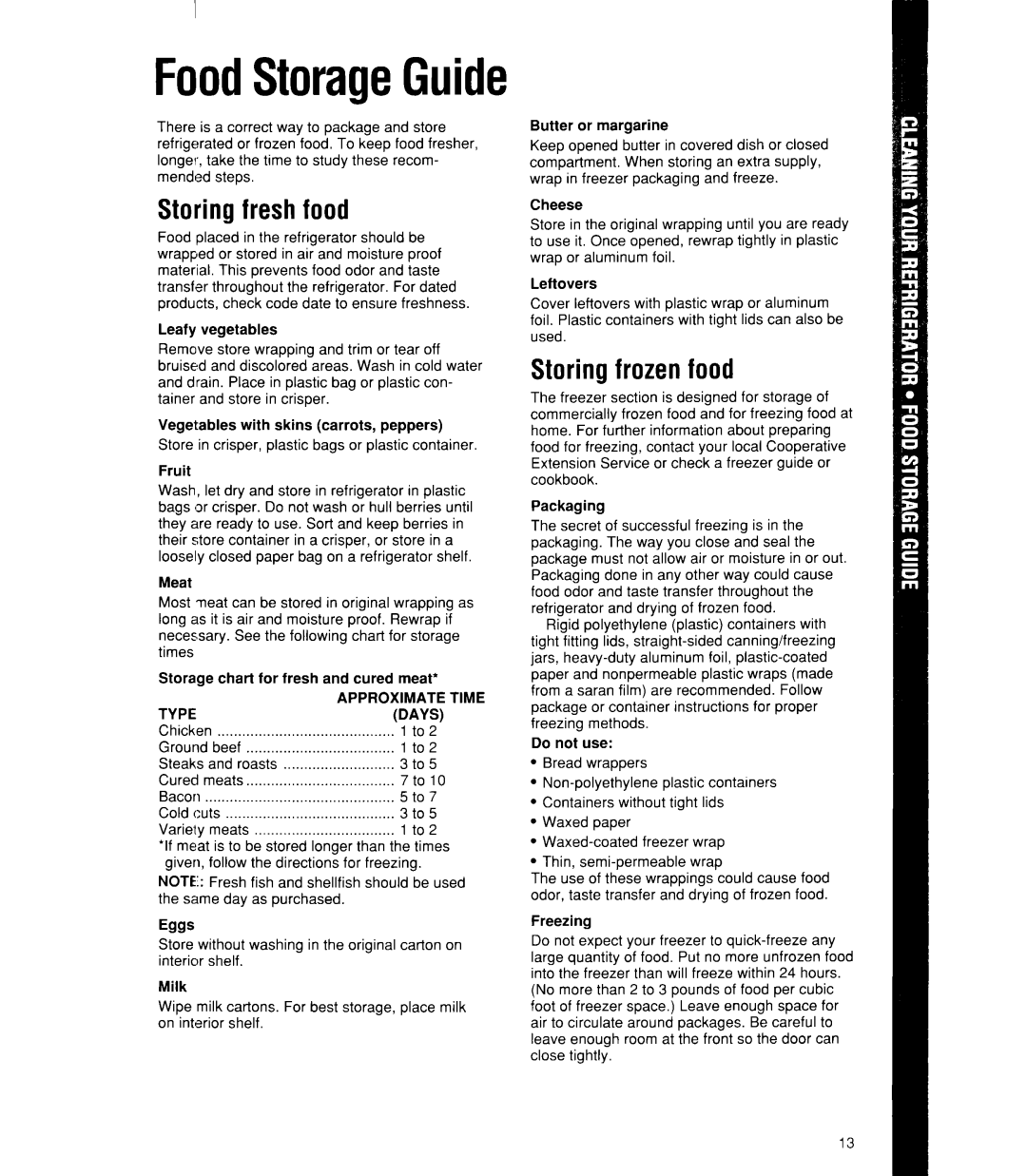 Whirlpool ED22DK, ED22RK manual FoodStorageGuide, Storing fresh food, Storing frozen food, Eggs 