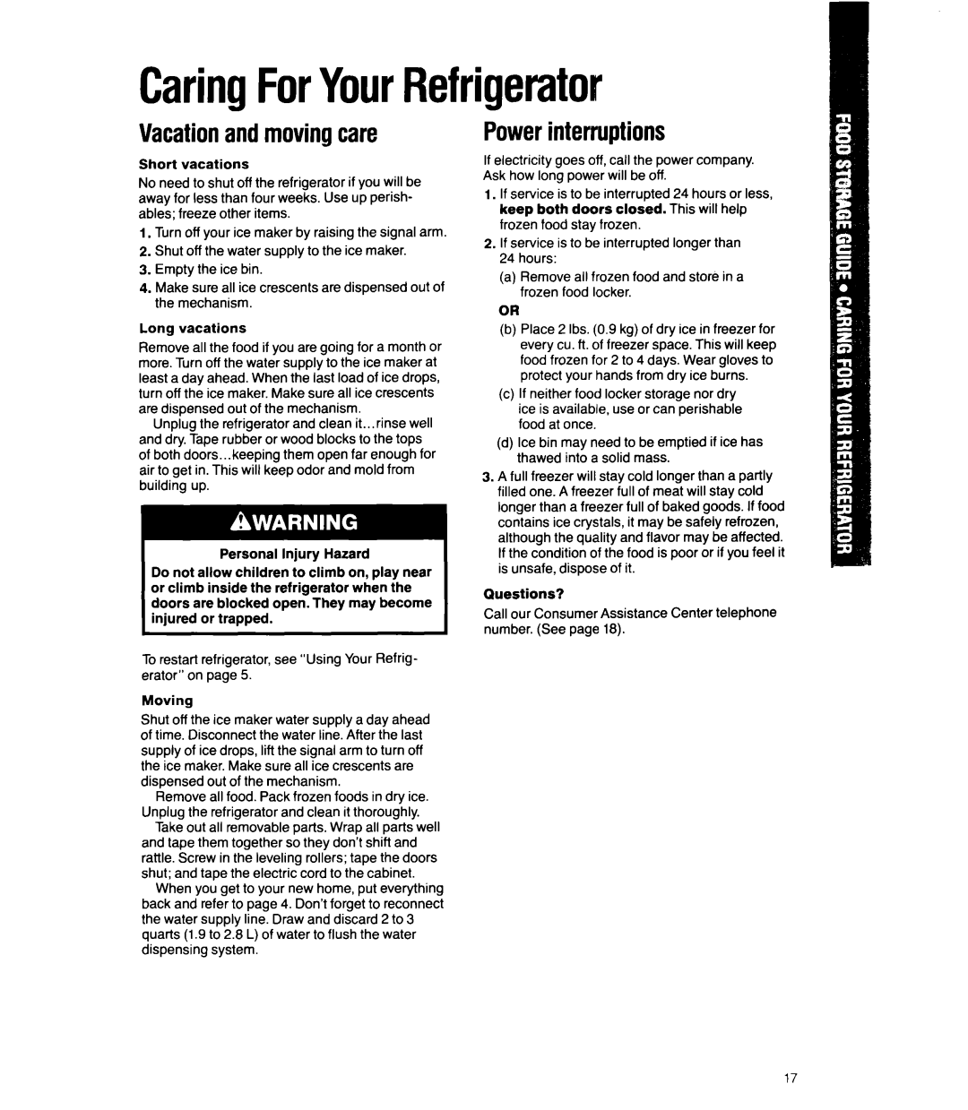 Whirlpool ED22RQ manual CaringForYourRefrigerator, Vacationand movingcare 