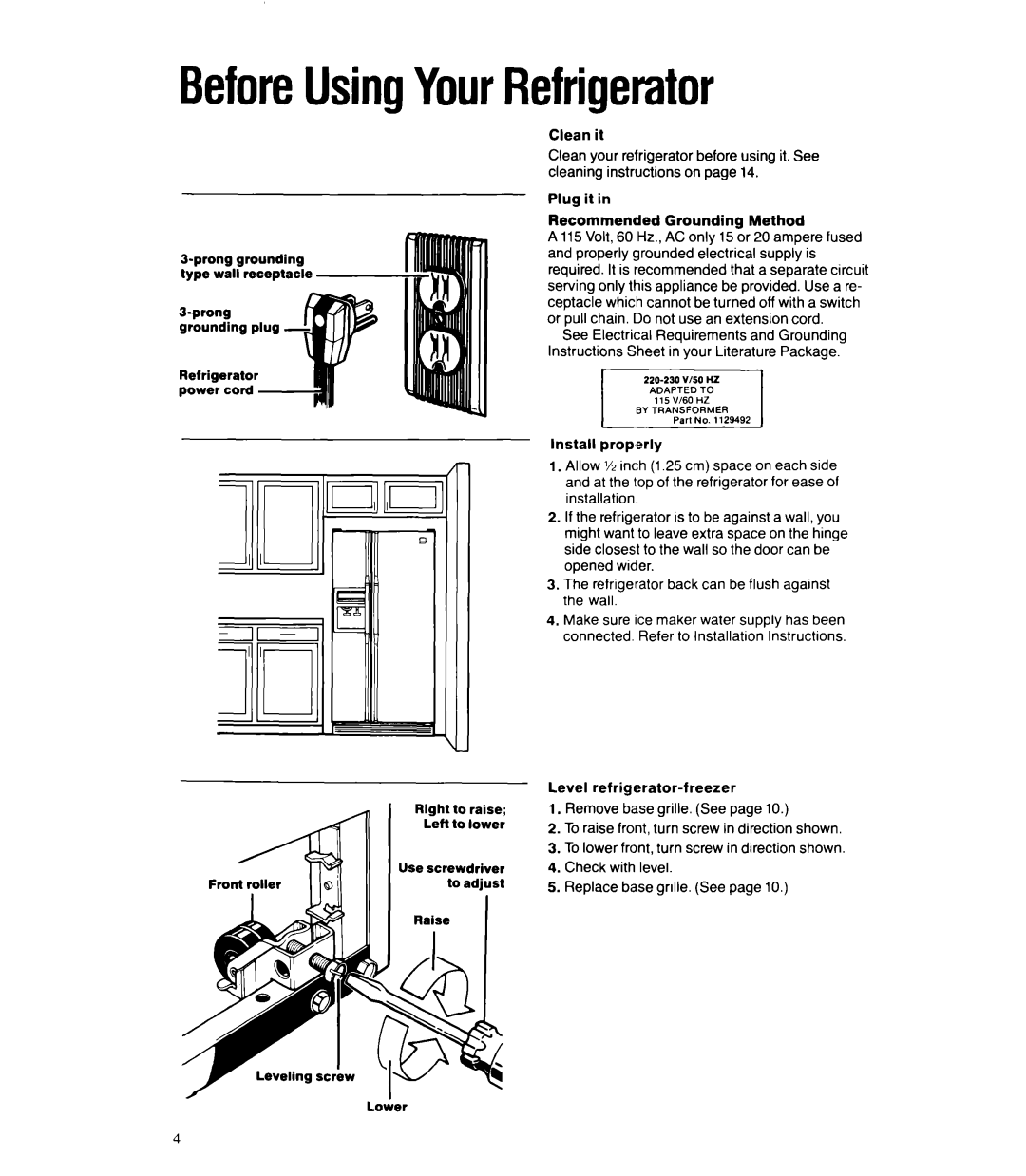 Whirlpool ED22RQ manual BeforeUsingYourRefrigerator, Recommended Grounding Method 