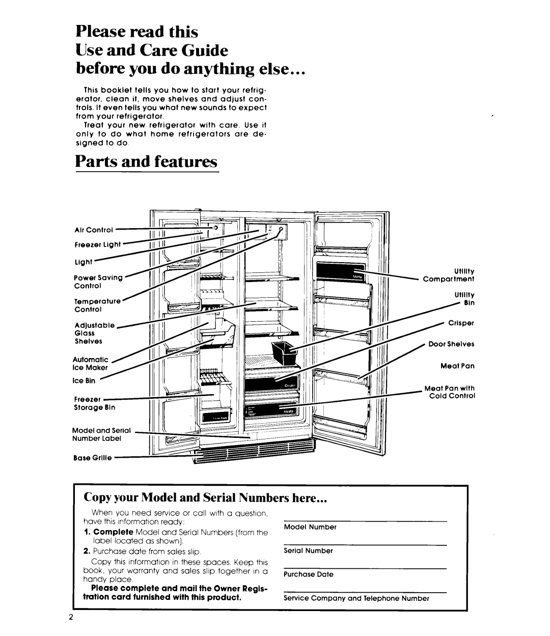 Whirlpool ED22ZM manual Before you do anything else, Parts and features, Copy your Model and Serial Numbers here 