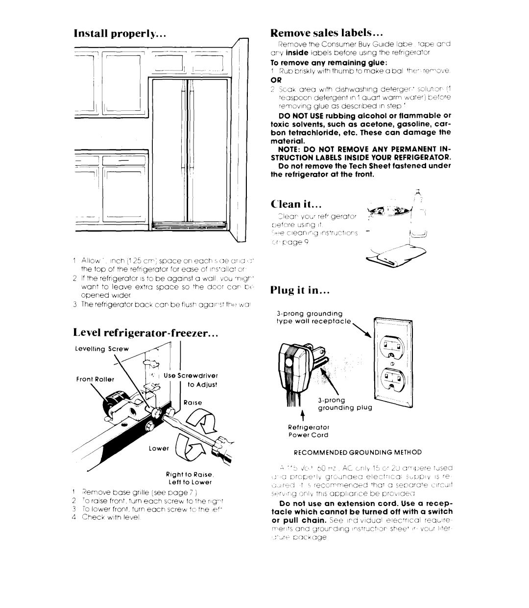 Whirlpool ED22ZM manual Install properIS Remove Sales labels, Level refrigerator-freezer, Clean, Plug it 