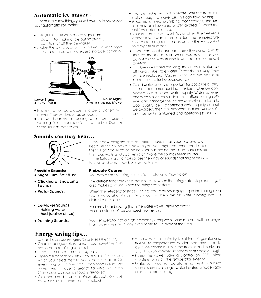 Whirlpool ED22ZM manual Automatic ice maker, Sounds you may hear, Energy saving Tips 