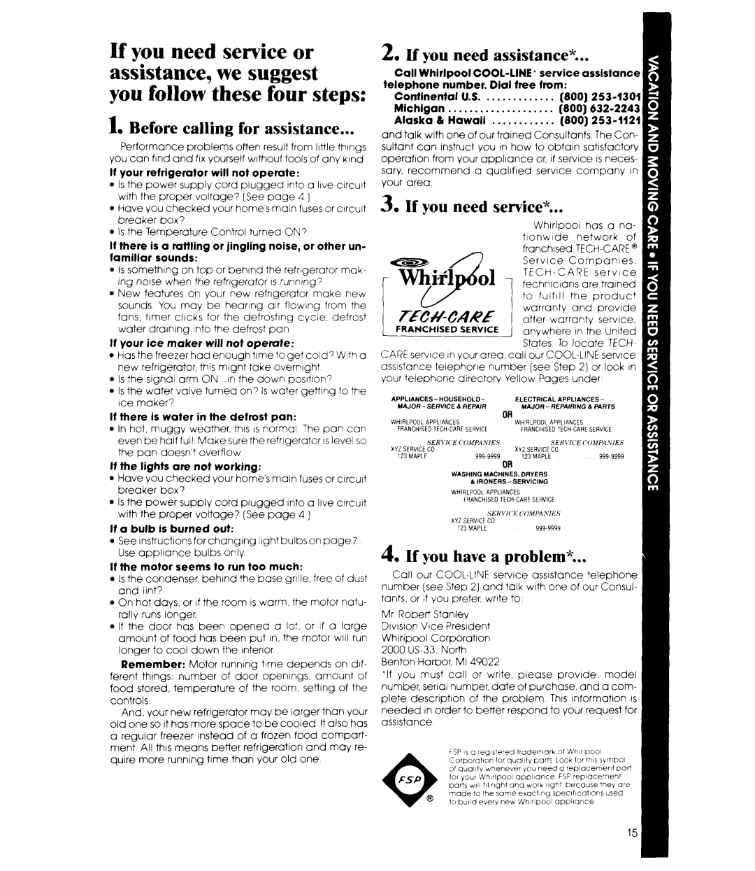Whirlpool ED22ZM manual Before calling for assistance, If you need assistance, If you need service, If you have a problem 