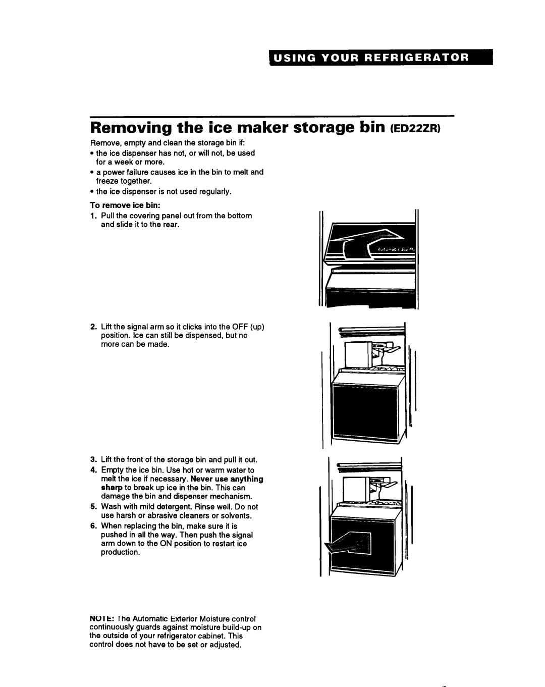 Whirlpool ED20PK, ED22ZR, ED20ZK warranty Removing the ice maker storage bin ED~~ZR 