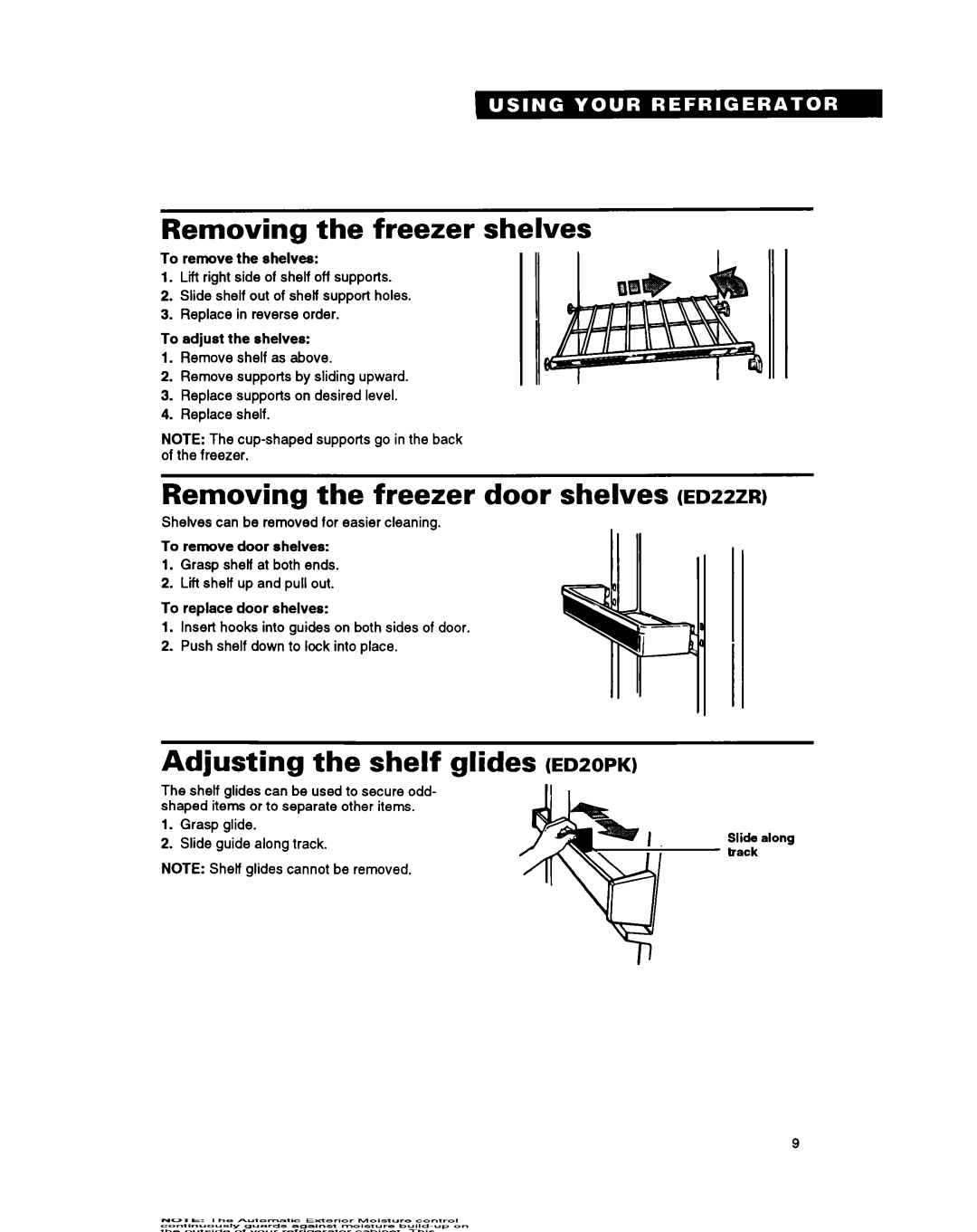Whirlpool ED22ZR Removing the freezer shelves, Removing the freezer door shelves ED~~ZR, Adjusting the shelf glides Edzopk 