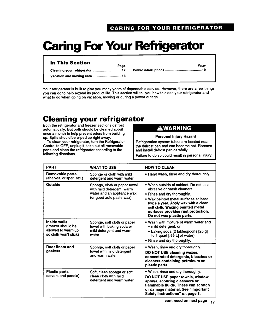 Whirlpool ED20ZK, ED22ZR, ED20PK warranty Caring For Your Refrigerator, Cleaning your refrigerator, In This Section PagePaw 