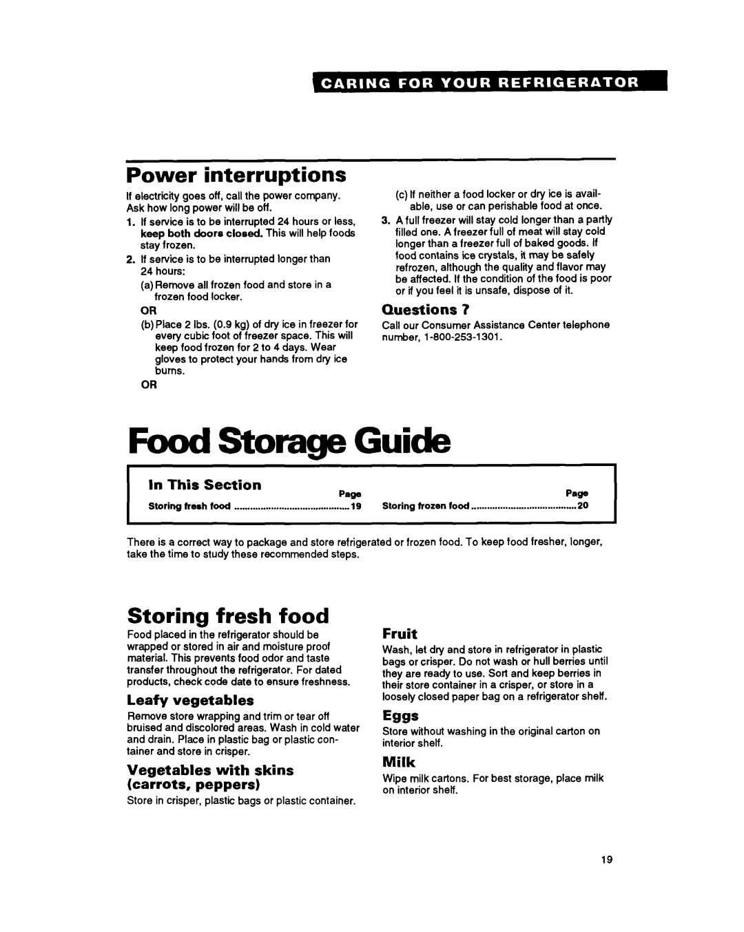 Whirlpool ED20PK Guide, Storage, Power interruptions, Storing fresh food, Questions, Leafy vegetables, Fruit, E99s, Milk 