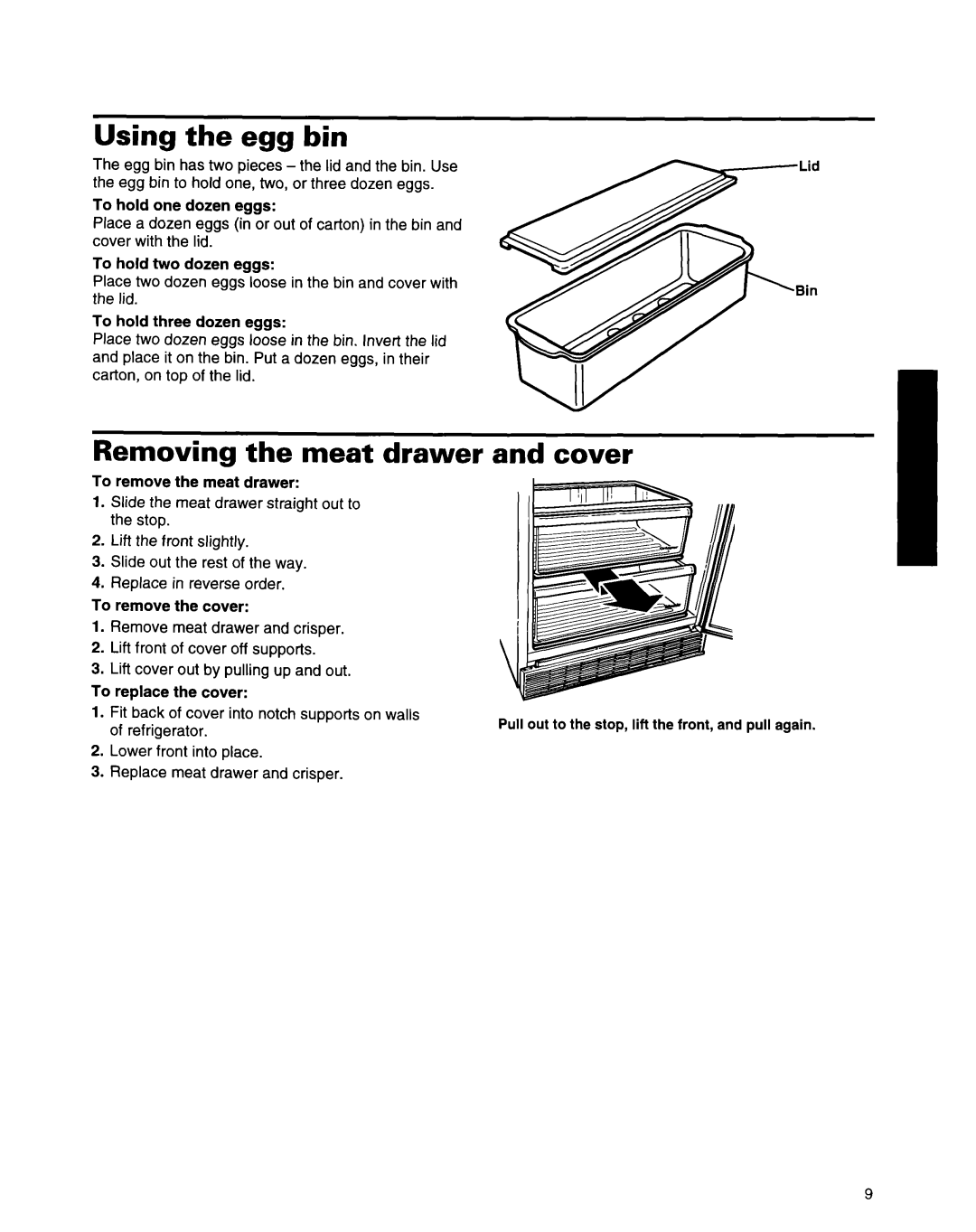 Whirlpool ED22ZRXDN00 manual Using the egg bin, Removing the meat drawer, Cover 