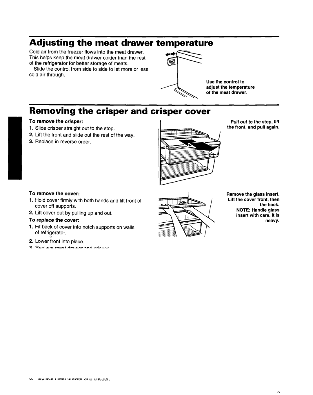 Whirlpool ED22ZRXDN00 manual Adjusting the meat drawer, Temperature, Removing the crisper and crisper cover 