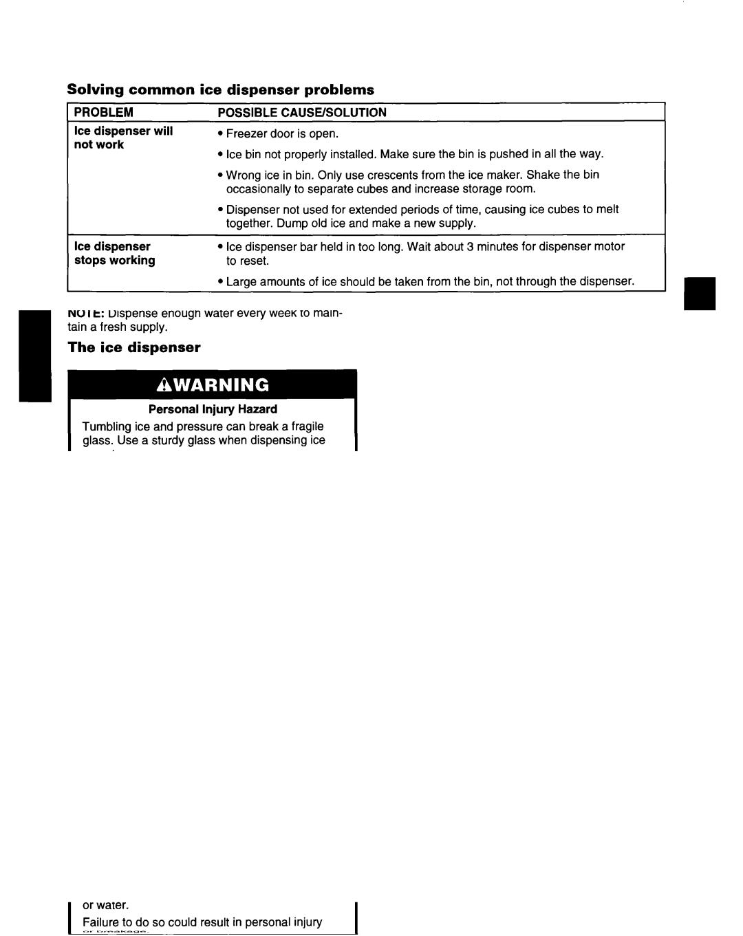 Whirlpool ED22ZRXDN00 manual Solving common, Ice dispenser problems, Problem, Possible CAUSE/SOLUTION 