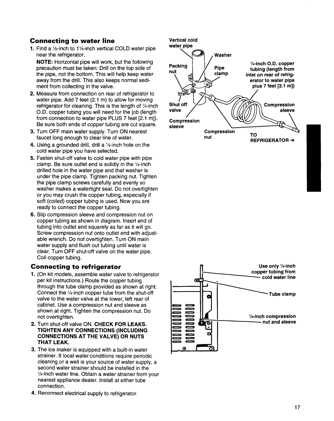 Whirlpool ED22ZRXDN00 manual Connecting to water line, Connecting to refrigerator, That Leak 