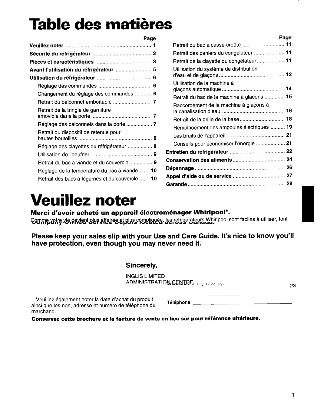 Whirlpool ED22ZRXDN00 manual Table des matikes, Veuillez noter, Merci d’avoir achet6 un appareil 6lectromenager Whirlpool 