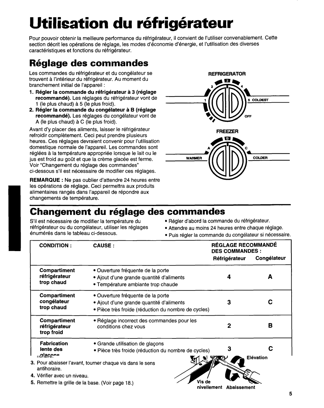 Whirlpool ED22ZRXDN00 manual Utilisation du rhfrighrateur, R6glage des commandes, Changement du r6glage des commandes 