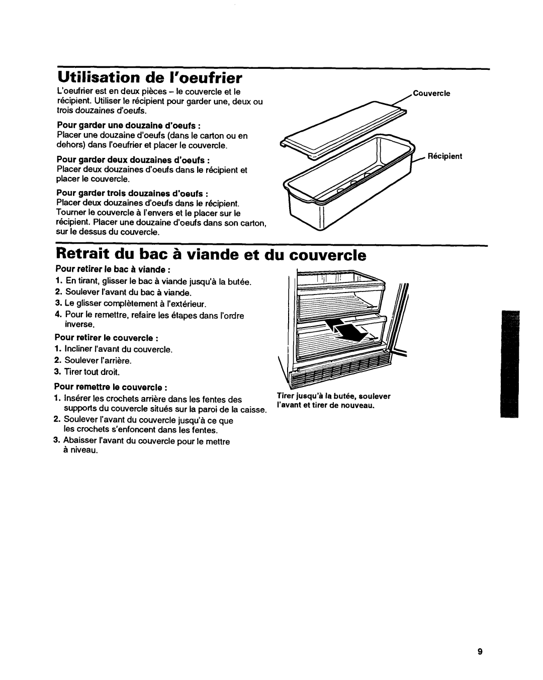 Whirlpool ED22ZRXDN00 manual Utilisation de I’oeufrier, Retrait du bat Zi viande et du couvercle 