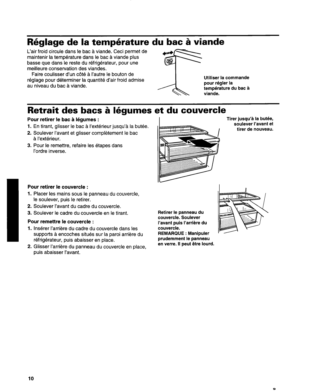 Whirlpool ED22ZRXDN00 manual R6glage de la temphrature du bat ti viande, Retrait des bats & kgumes et du couvercle 