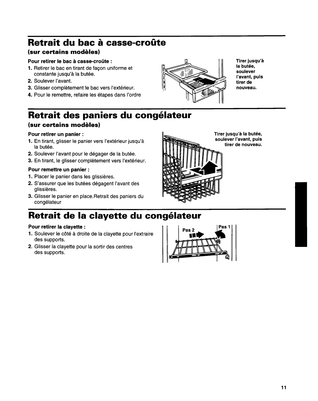 Whirlpool ED22ZRXDN00 manual Retrait du bat 6 casse-cro0te, Retrait des paniers du co lnghlateur, Sur certains modikles 