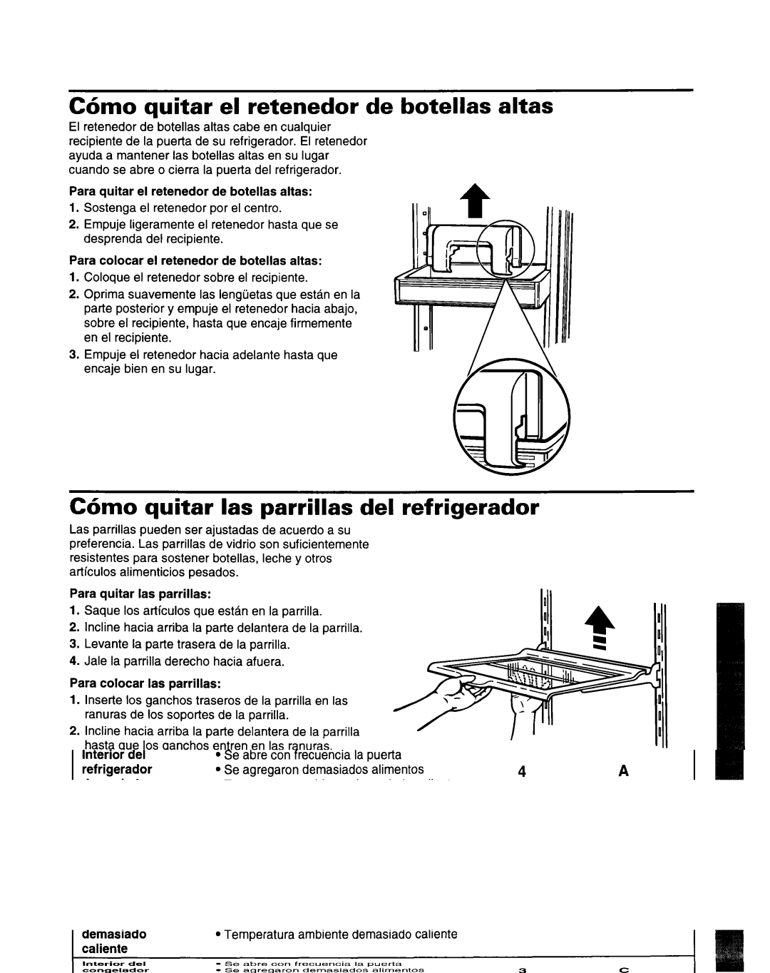 Whirlpool ED22ZRXDN00 manual C6mo quitar el retenedor de botellas altas, C6mo quitar las parrillas del refrigerador 