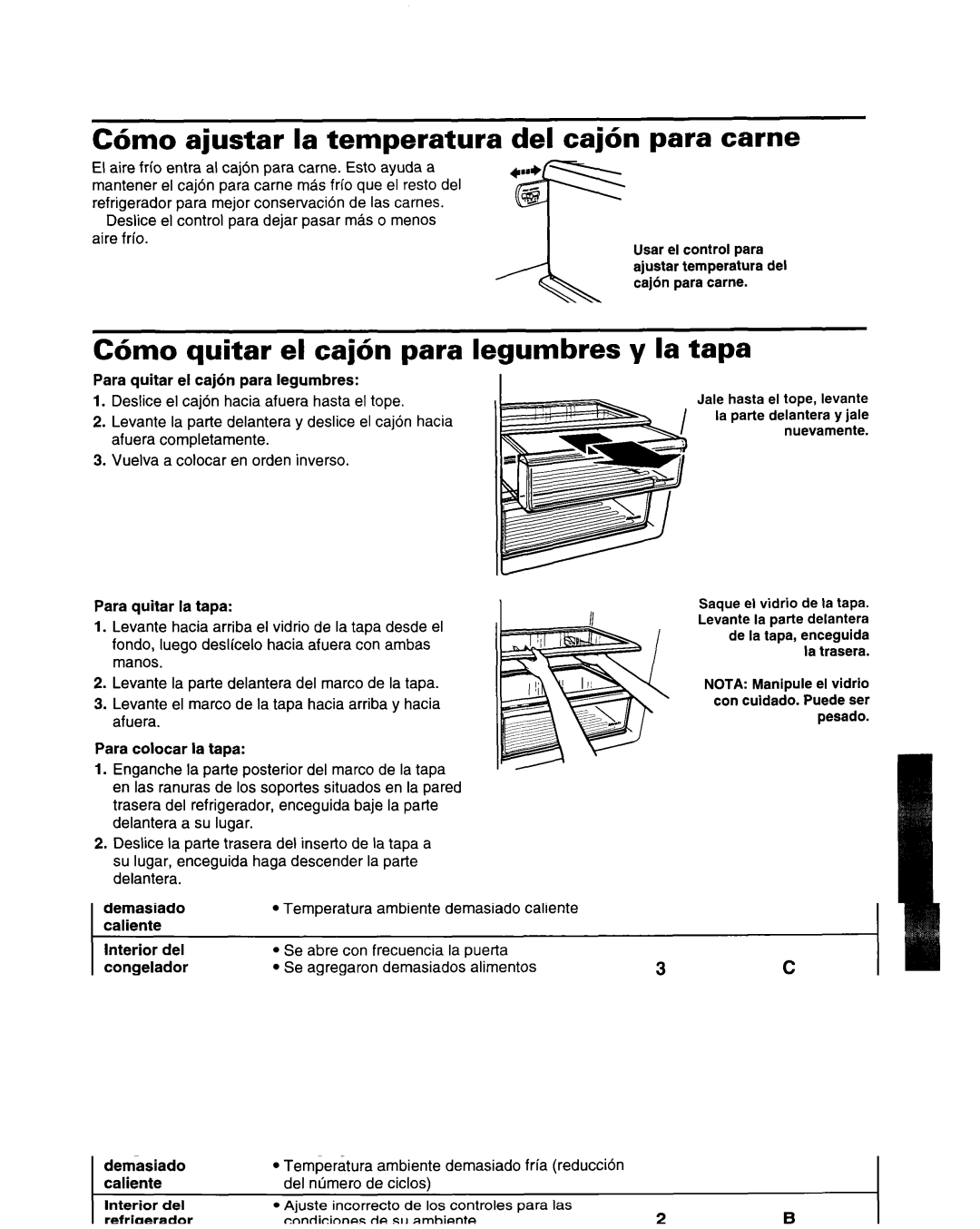 Whirlpool ED22ZRXDN00 manual C6mo ajustar la temperatura del caj6n para came, C6mo quitar el caj6n para legumbres y la tapa 