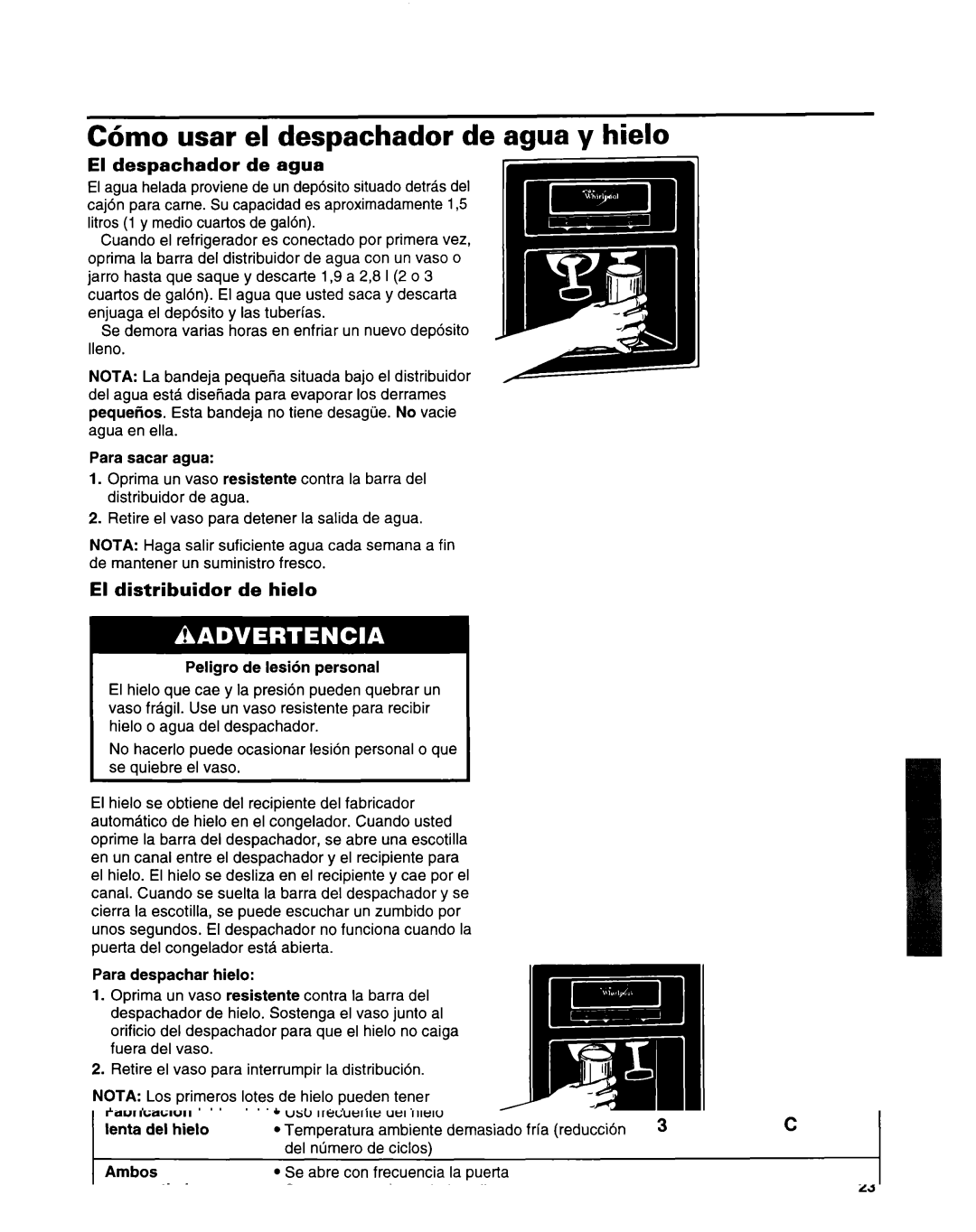 Whirlpool ED22ZRXDN00 manual C6mo usar el despachador de agua y hielo, El despachador de agua, El distribuidor de hielo 