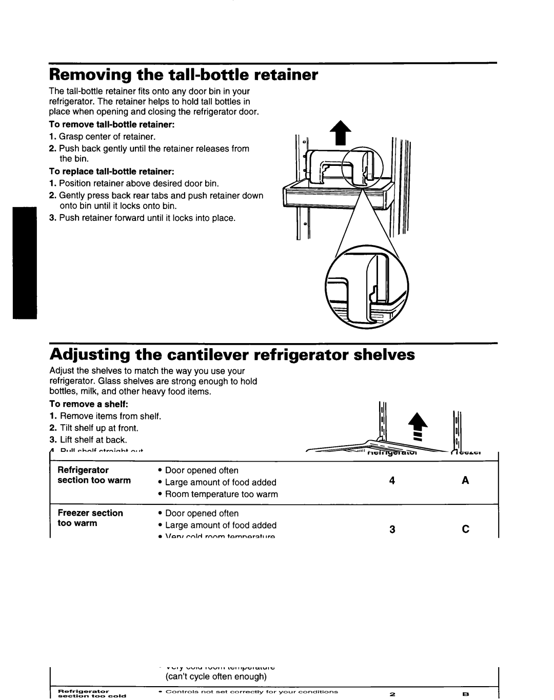 Whirlpool ED22ZRXDN00 manual Removing the tall-bottle retainer, Adjusting the cantilever refrigerator shelves 