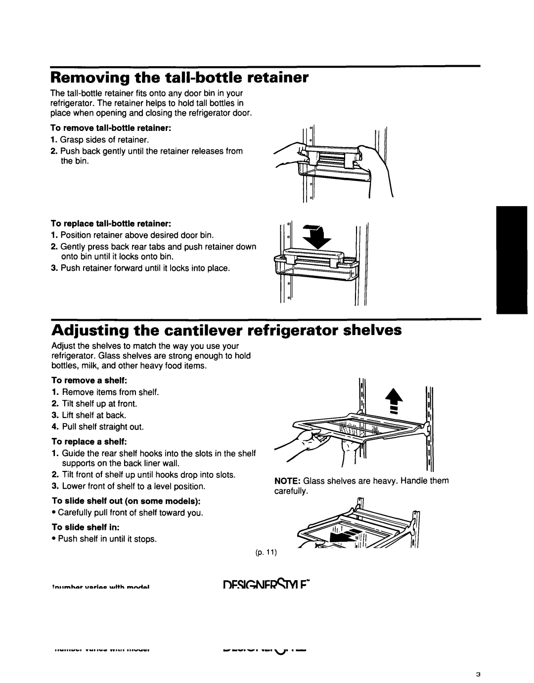 Whirlpool ED25DQXDB00 manual Removing the tall-bottle retainer, Adjusting the cantilever refrigerator shelves 