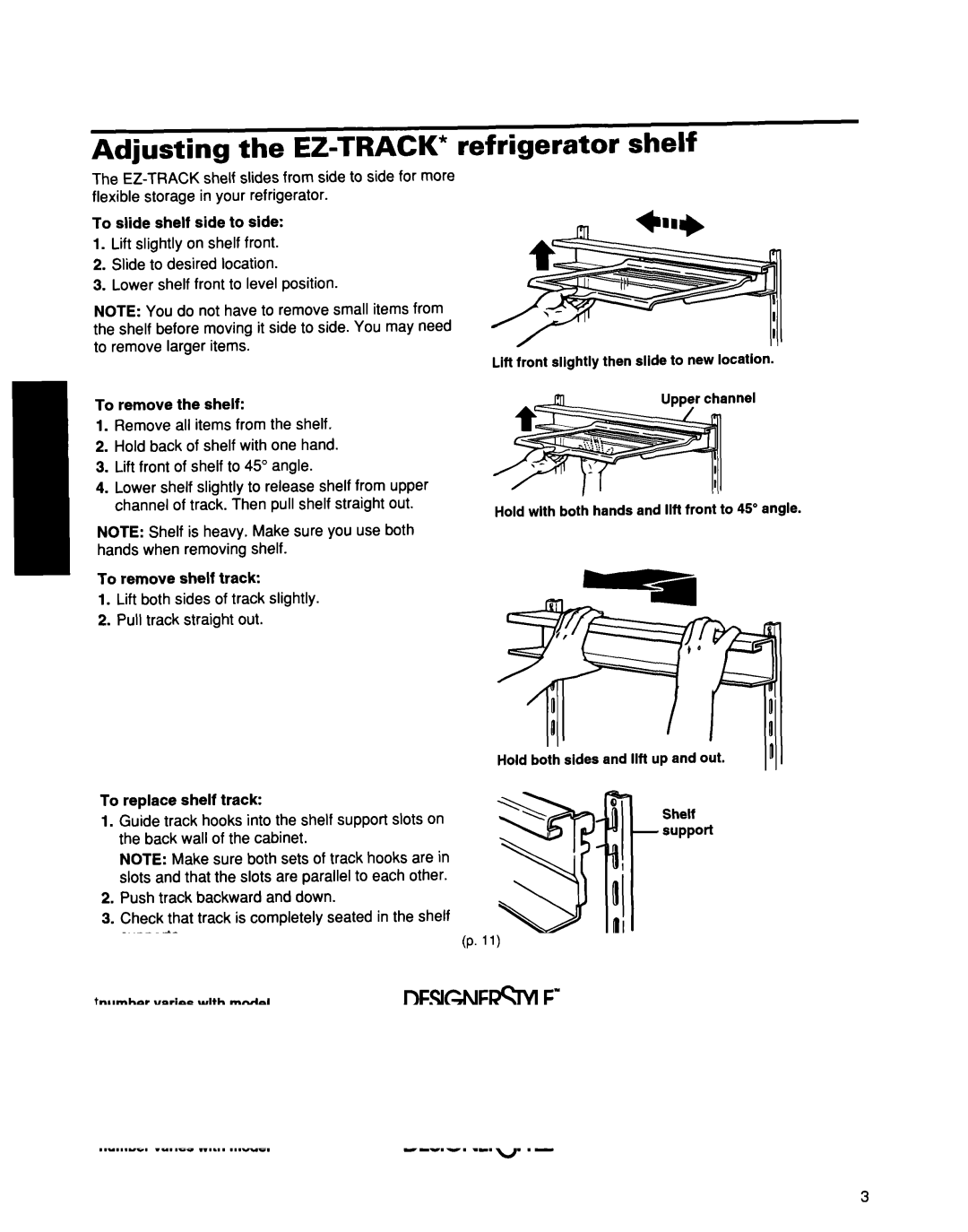 Whirlpool ED25DQXDB00 Adjusting the E&TRACK* refrigerator shelf, Lift both sides of track slightly Pull track straight out 