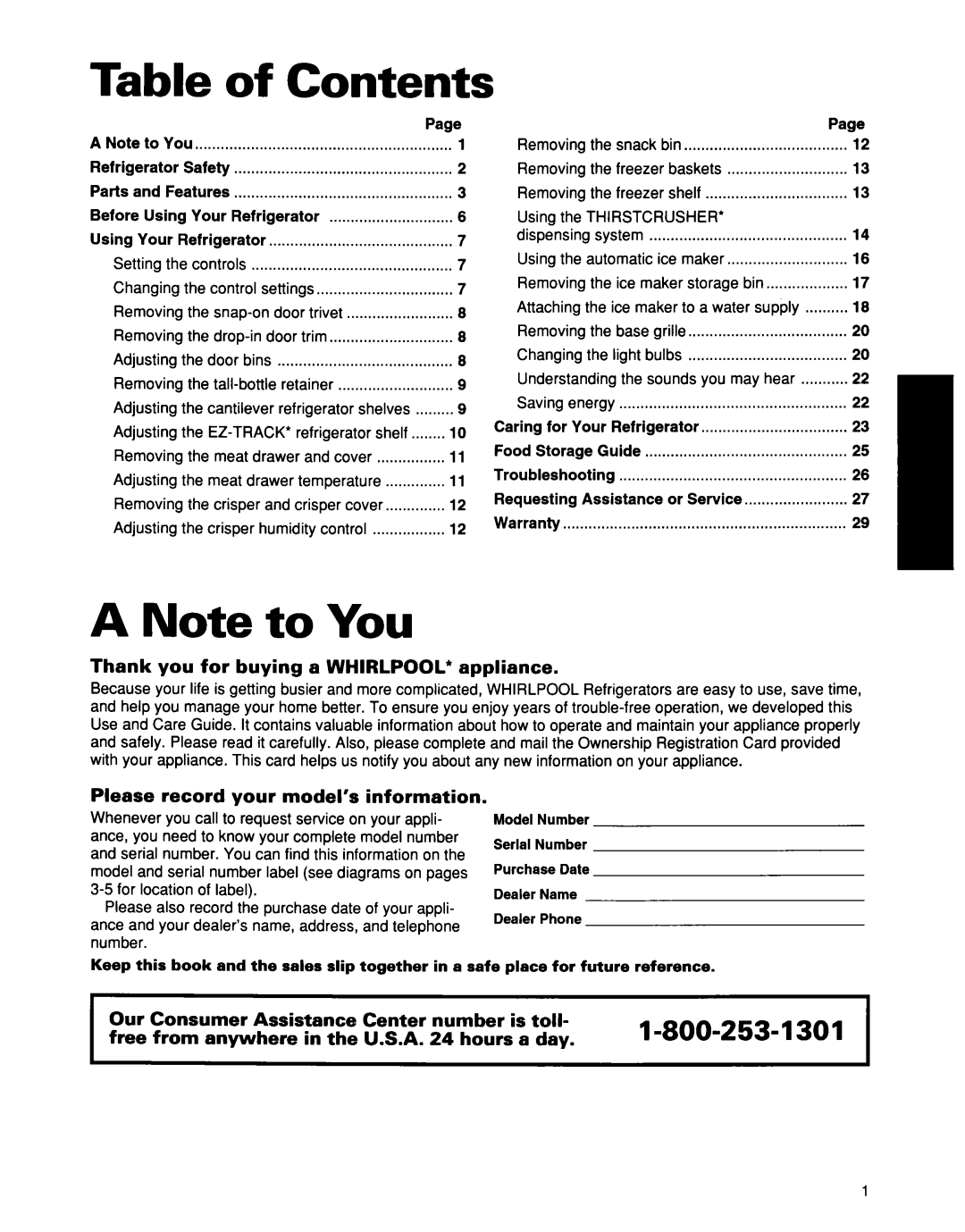 Whirlpool ED25DQXDB00 manual Thank you for buying a WHIRLPOOL* appliance, Please record your model’s information 