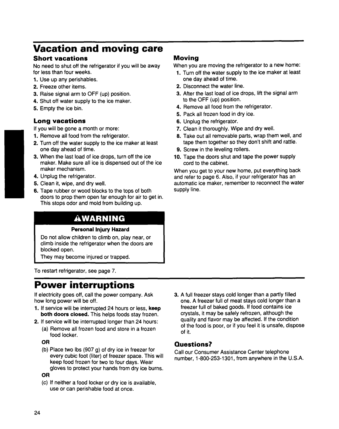 Whirlpool ED25DQXDB00 manual Vacation and moving care, Power interruptions 