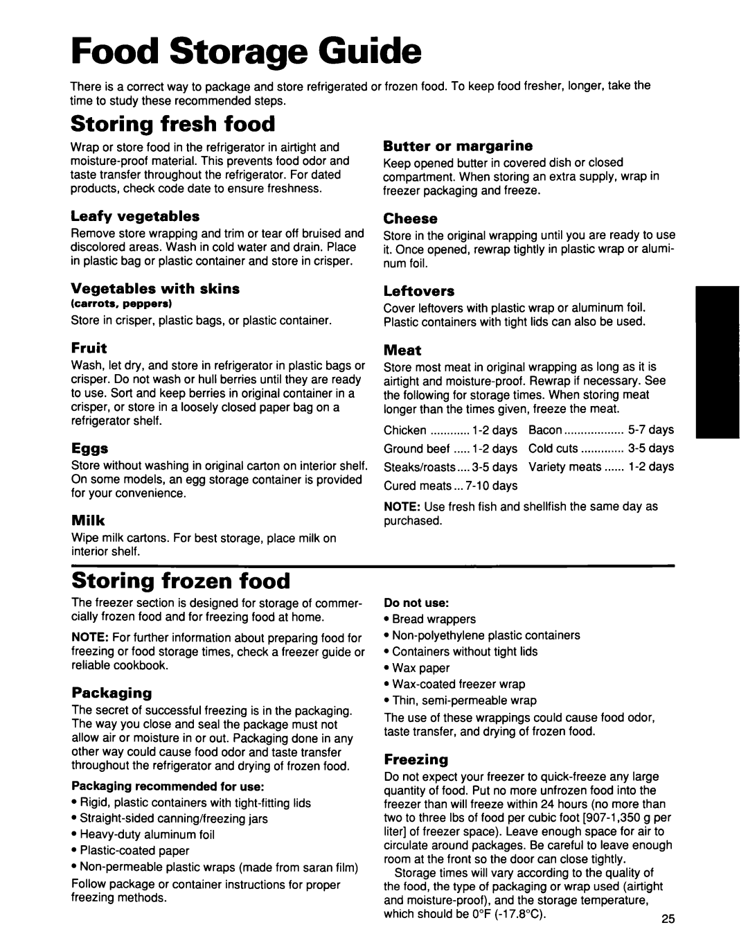 Whirlpool ED25DQXDB00 manual Food Storage Guide, Storing fresh food, Storing frozen food 