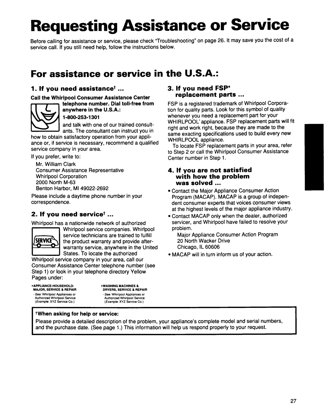 Whirlpool ED25DQXDB00 manual Reauestina Assistance, For assistance or service in the U.S.A 