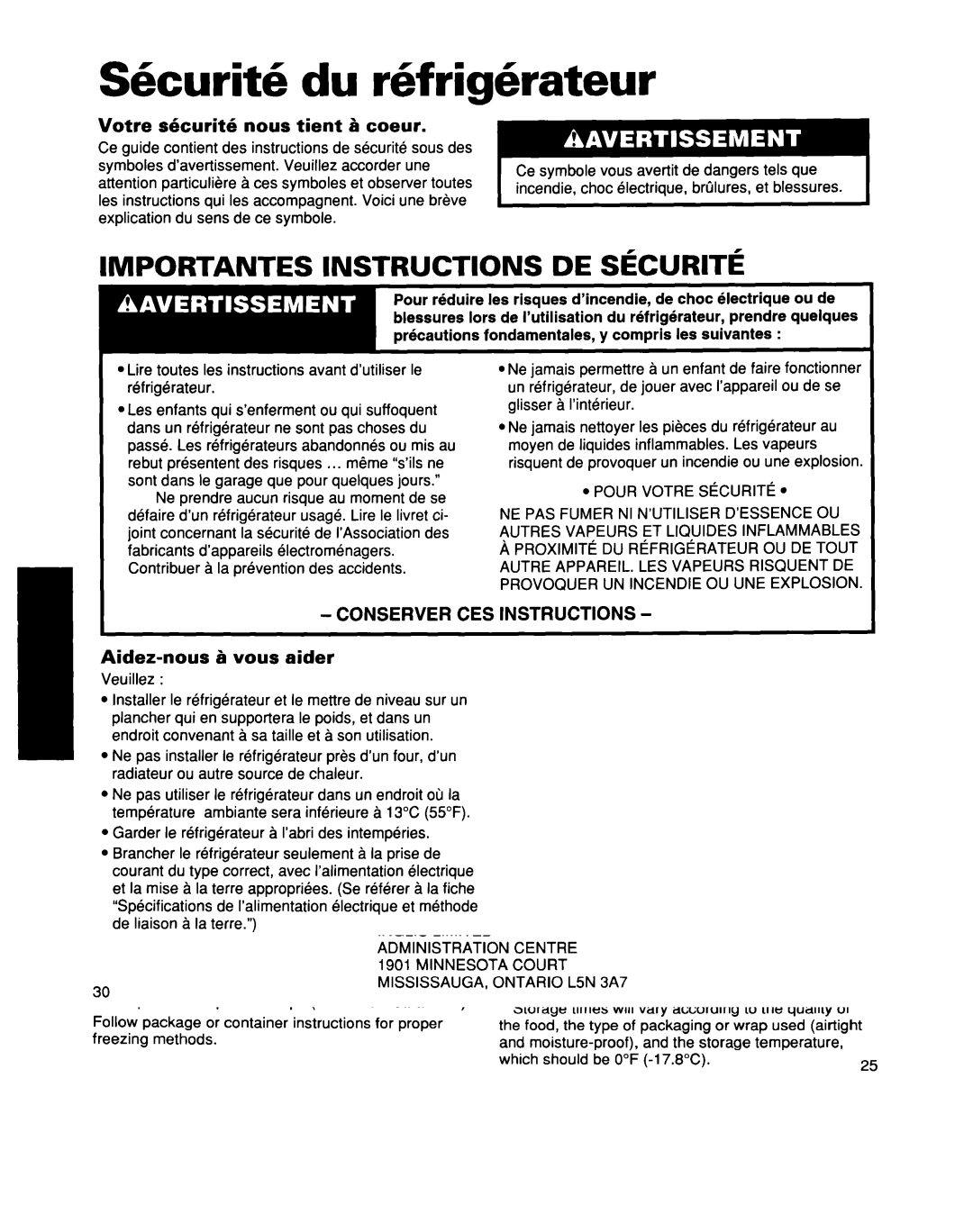 Whirlpool ED25DQXDB00 manual Skurit6 du rhfrigkateur, Importantes Instructions DE SkURITg, Votre skurit6 nous tient B coeur 