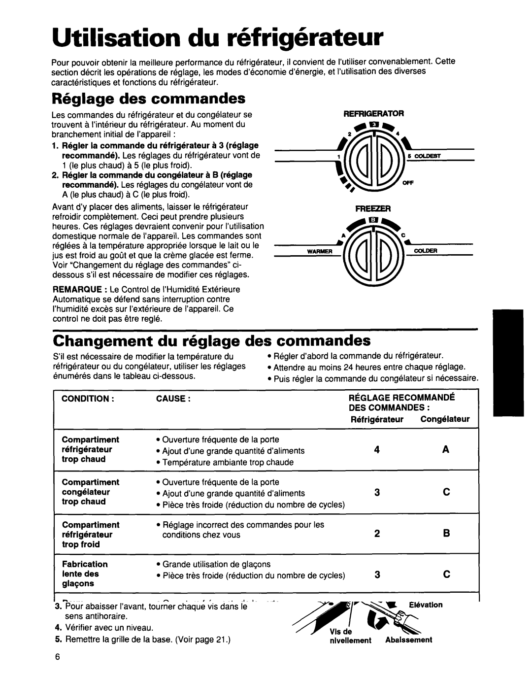 Whirlpool ED25DQXDB00 manual Utilisation du kfrigkrateur, R6glage des commandes, Changement du r6glage des, Commandes 