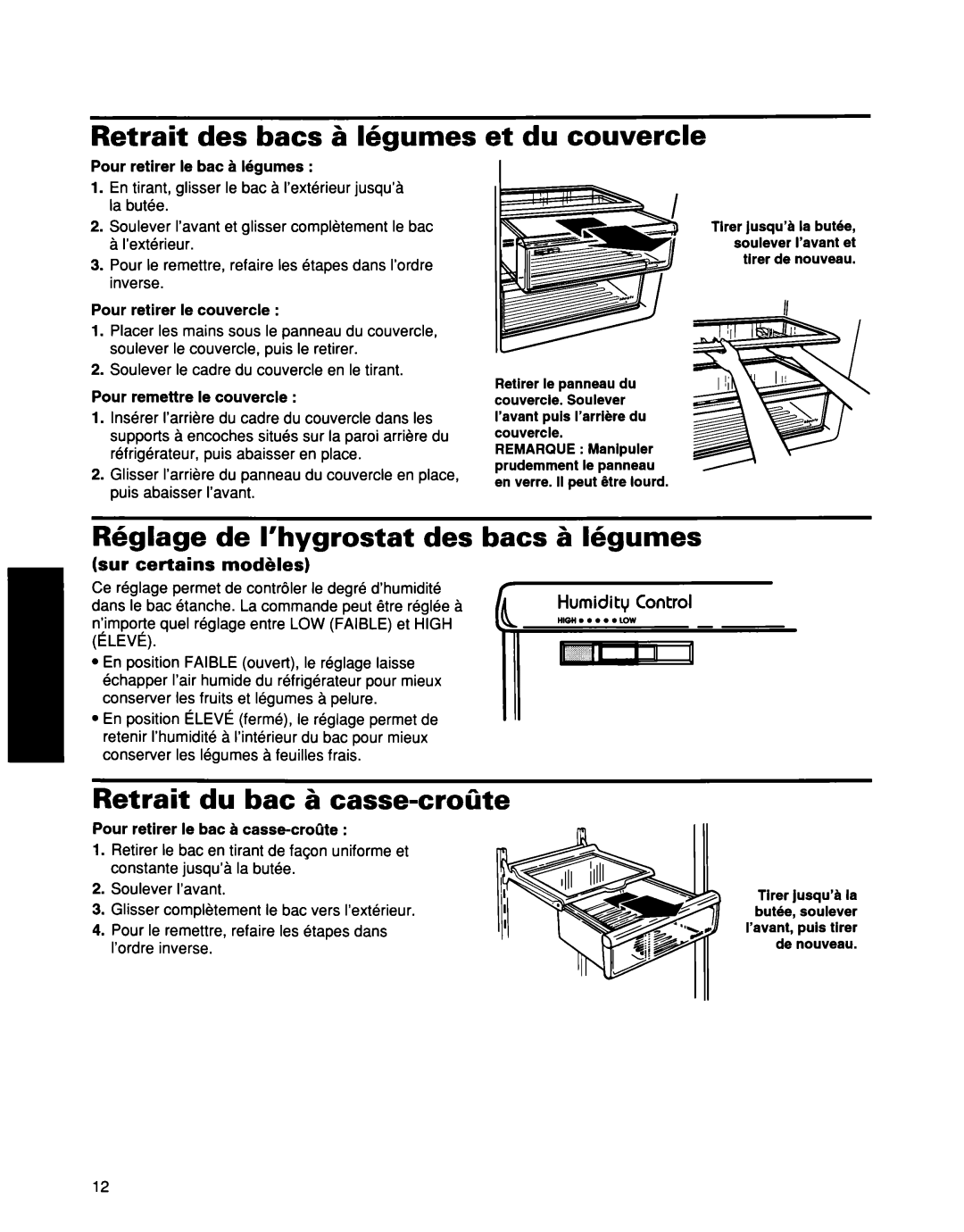 Whirlpool ED25DQXDB00 manual Retrait des bats & legumes, Et du couvercle, R6glage de I’hygrostat des bats & legumes 