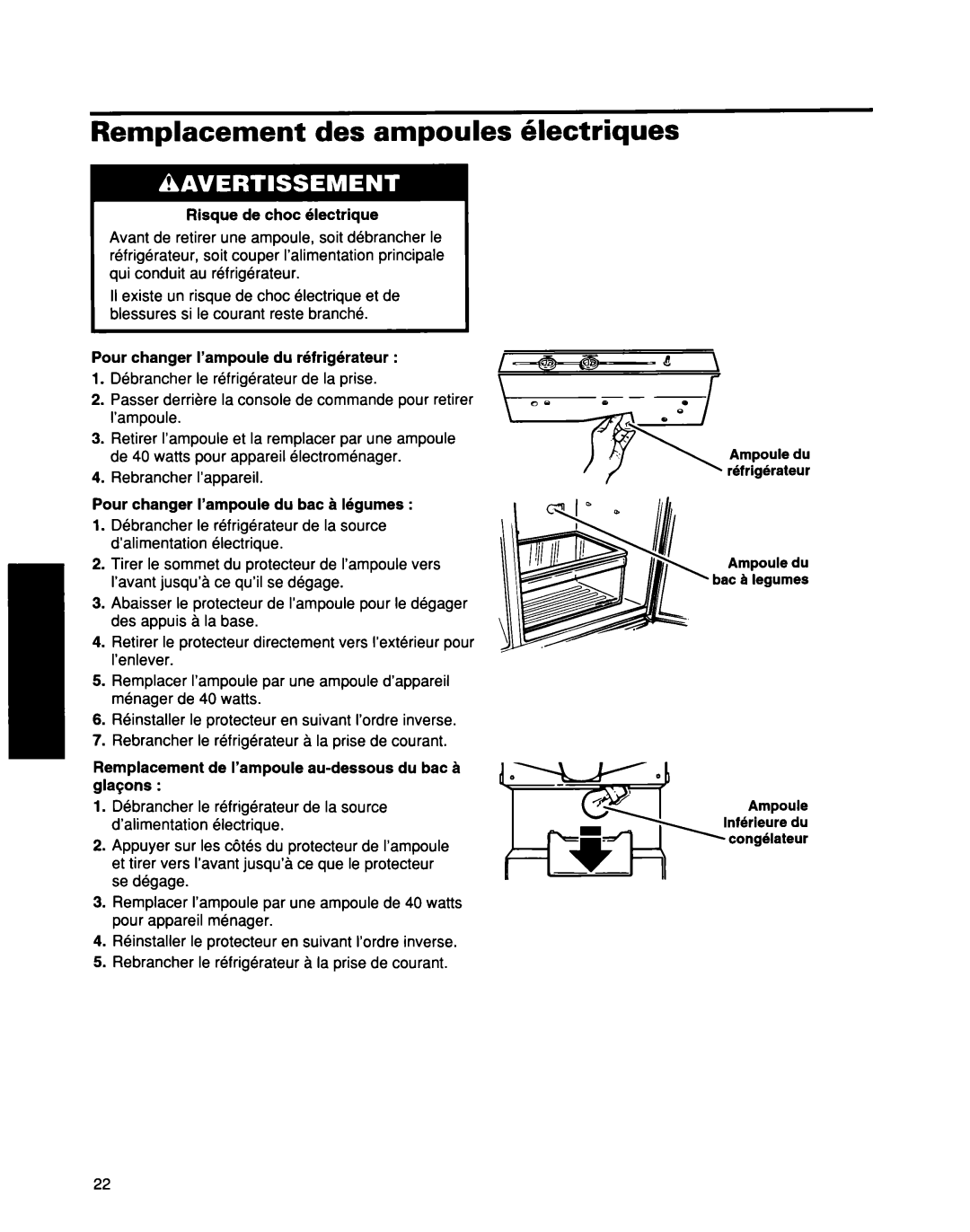 Whirlpool ED25DQXDB00 manual Remplacement des ampoules hlectriques, Rebrancher I’appareil 