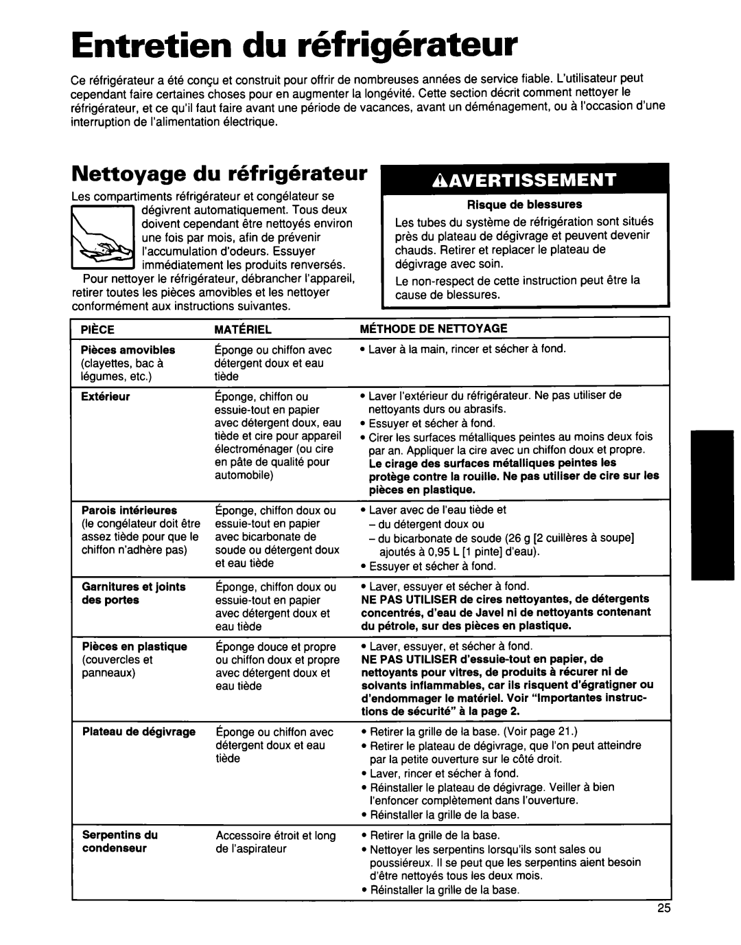 Whirlpool ED25DQXDB00 manual Entretien du rbfrighrateur, Nettoyage du rhfrigkrateur 