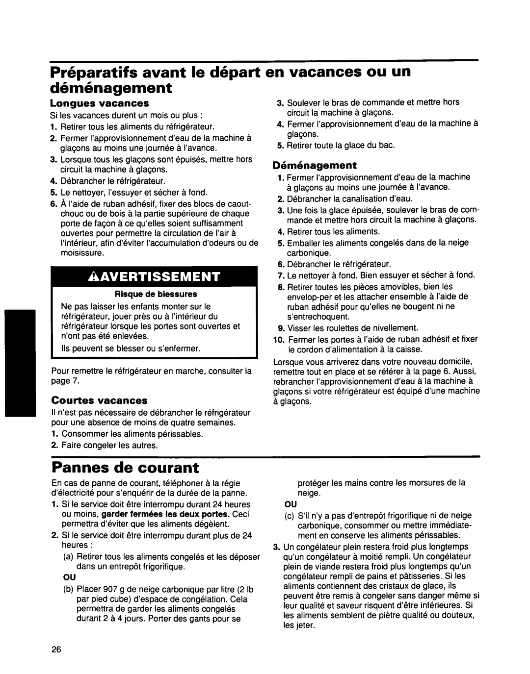 Whirlpool ED25DQXDB00 manual Prhparatifs avant le depart d&&hagement, En vacances ou un, Pannes de courant 