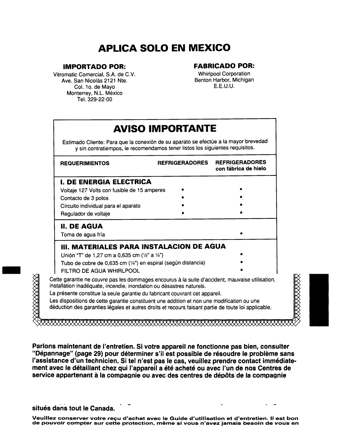 Whirlpool ED25DQXDB00 manual Ill. Materiales Para Instalacion DE Agua, De C.V, Para el aparato Regulador de voltaje 