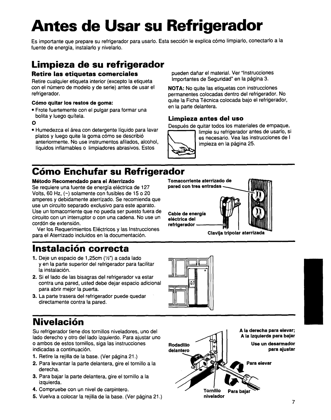 Whirlpool ED25DQXDB00 manual Antes de Usar su Refrigerador, Limpieza de su refrigerador, Cdmo Enchufar su Refrigerador 