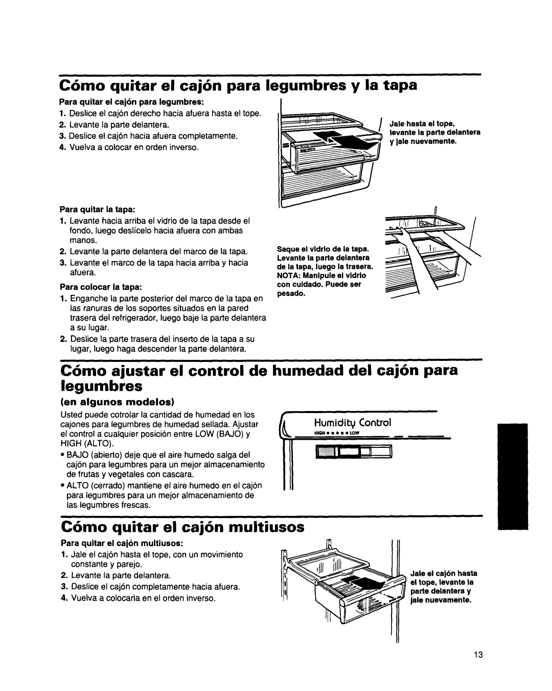 Whirlpool ED25DQXDB00 manual C6mo quitar el caj6n para legumbres y la tapa, C6mo quitar el caj6n multiusos 