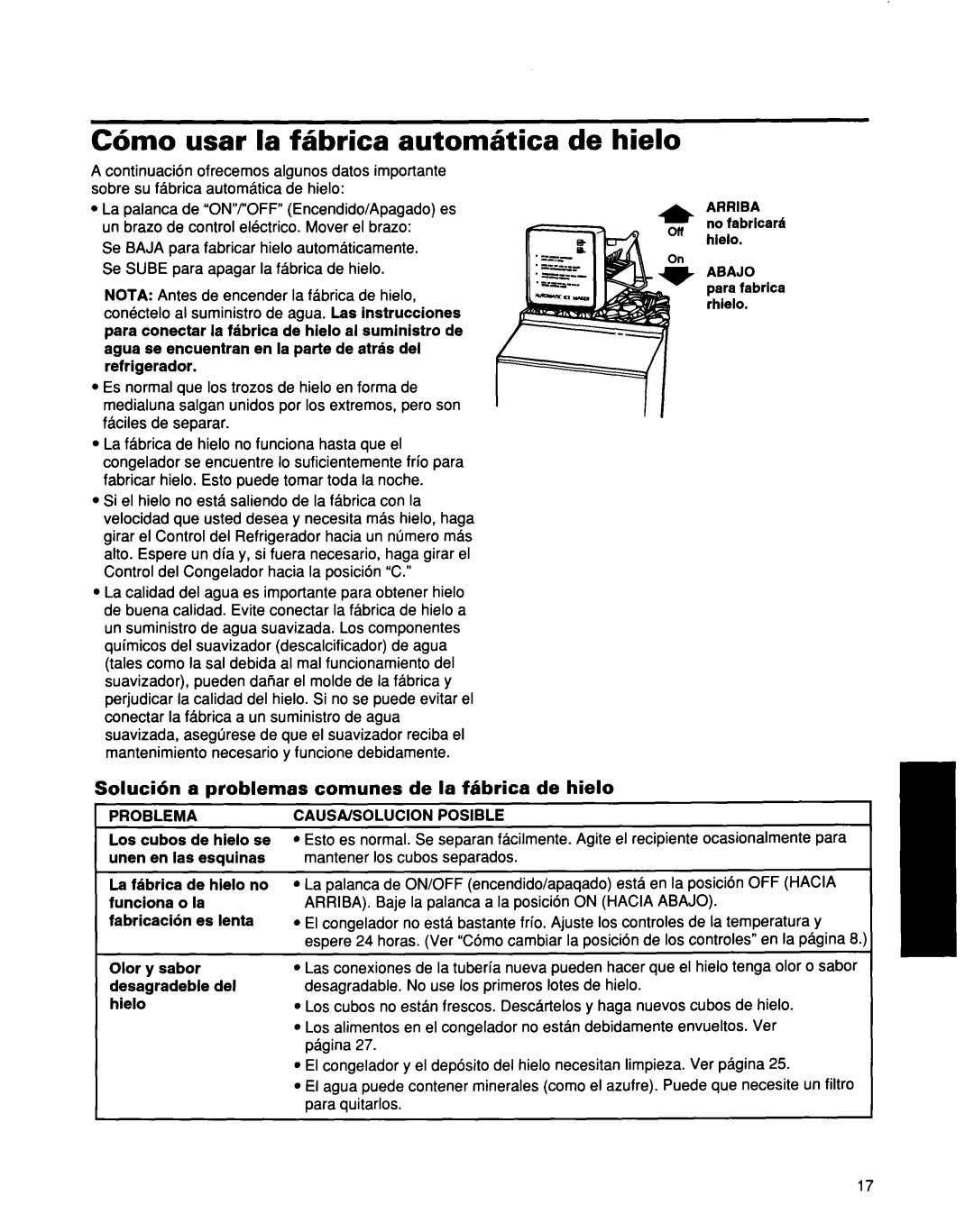 Whirlpool ED25DQXDB00 manual C6mo usar la fhbrica automstica de hielo, Soluci6n a problemas, Comunes de la febrica de hielo 