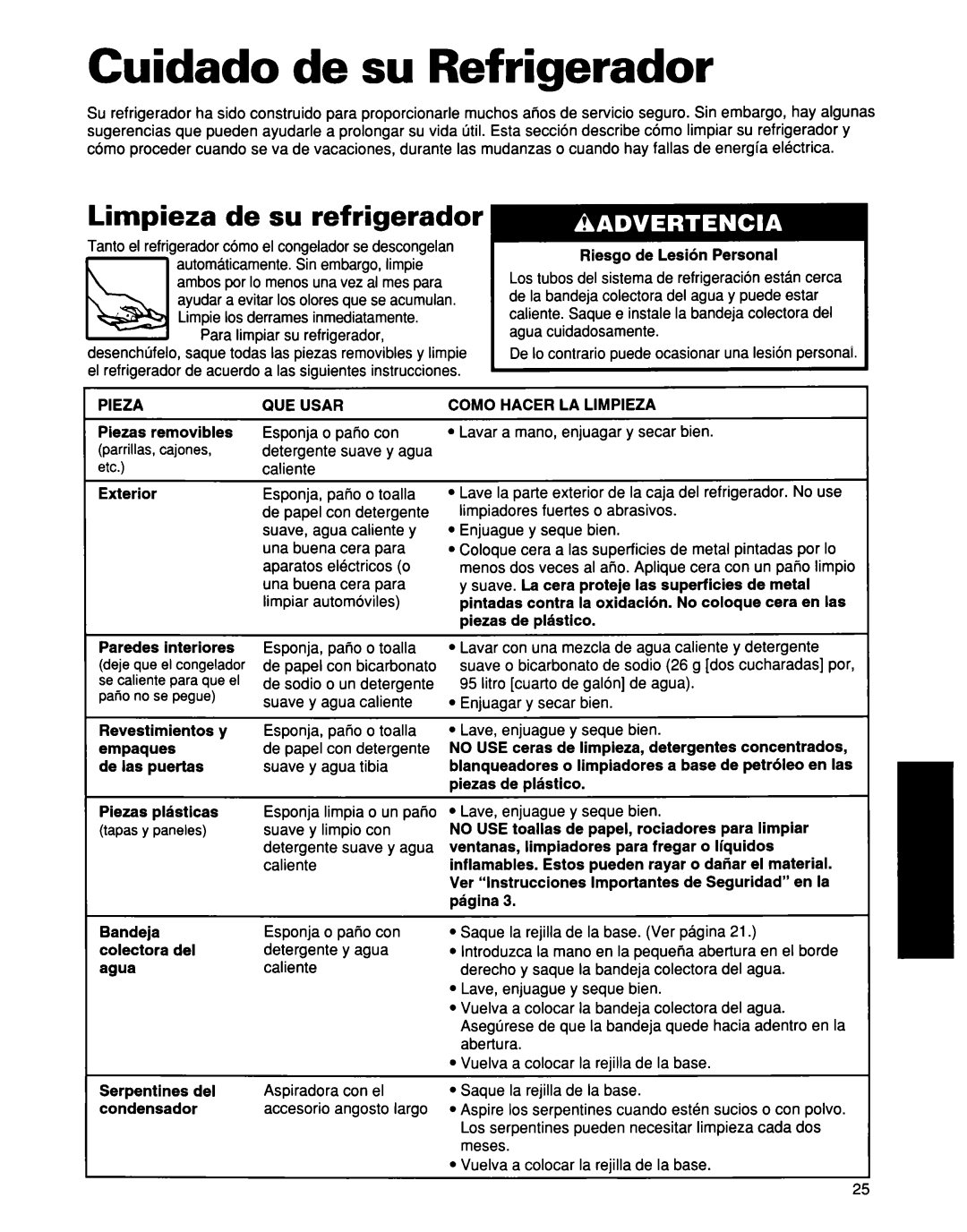 Whirlpool ED25DQXDB00 manual Cuidado de su Refrigerador 