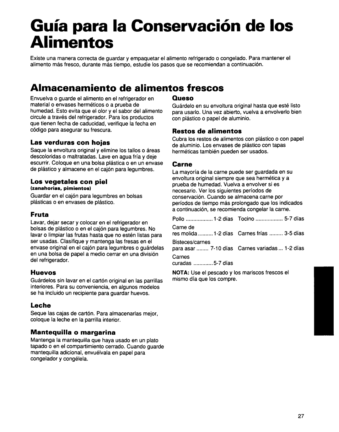 Whirlpool ED25DQXDB00 manual Gul’a para la Conservacih de 10s Alimentos, Almacenamiento de alimentos frescos 