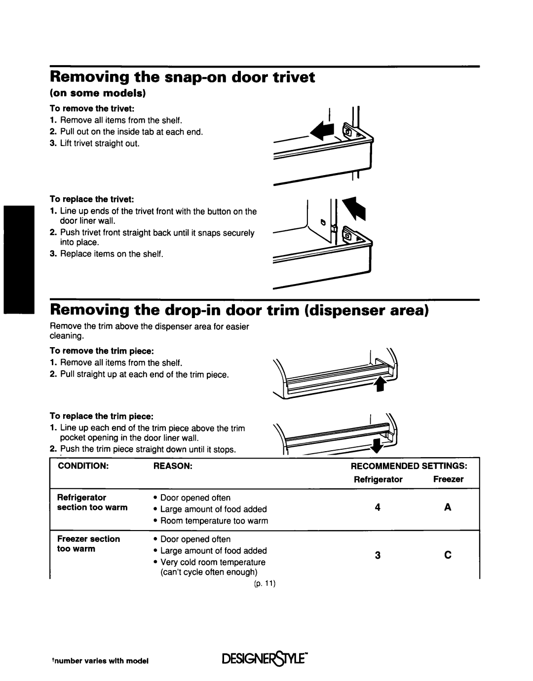 Whirlpool ED25DQXDB00 Removing the snap-on door trivet, Removing the drop-in door trim dispenser area, Adjusting Door Bins 