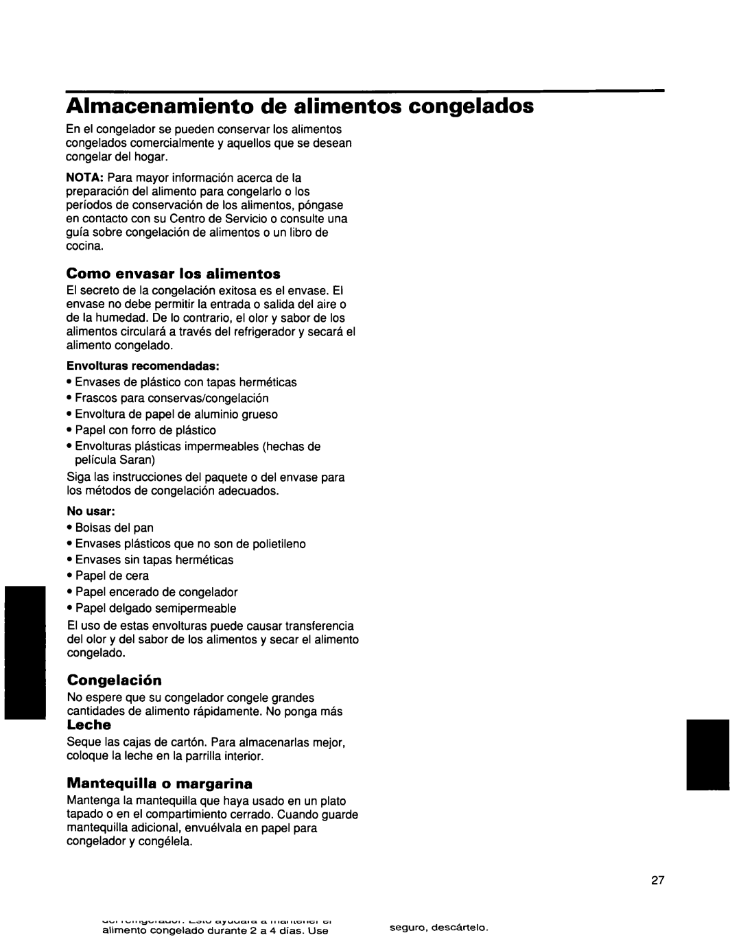 Whirlpool ED25DQXDB00 manual Almacenamiento de alimentos congelados, Corn0 envasar 10s alimentos, Congelacihn 