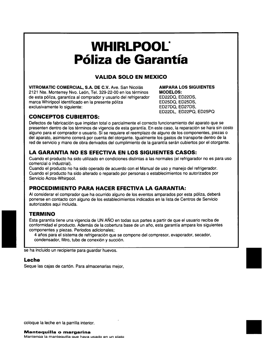 Whirlpool ED25DQXDB00 manual Pbliza, DE C.V. Ave. San Nicolas, 2121 Nte. Monterrey Nvo. Leon, Tel -22-00 en 10sterminos 