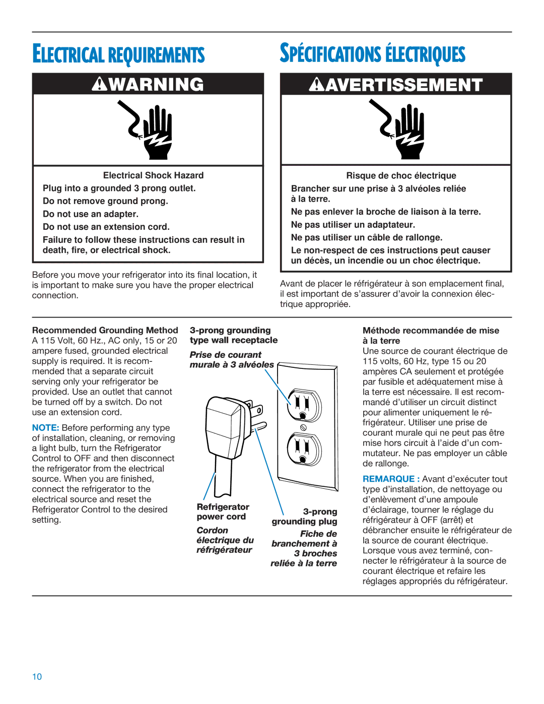 Whirlpool ED25DQXDB06 manual Wwarning, Méthode recommandée de mise à la terre 