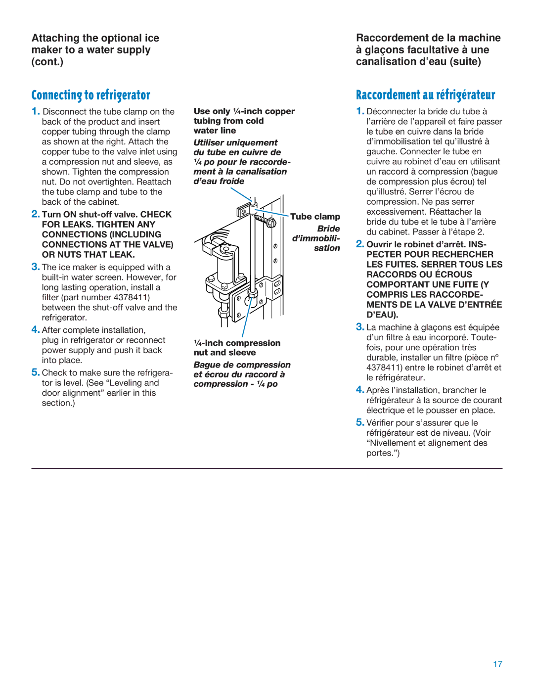 Whirlpool ED25DQXDB06 Use only 1⁄4-inch copper tubing from cold water line, Tube clamp, ⁄4-inch compression nut and sleeve 