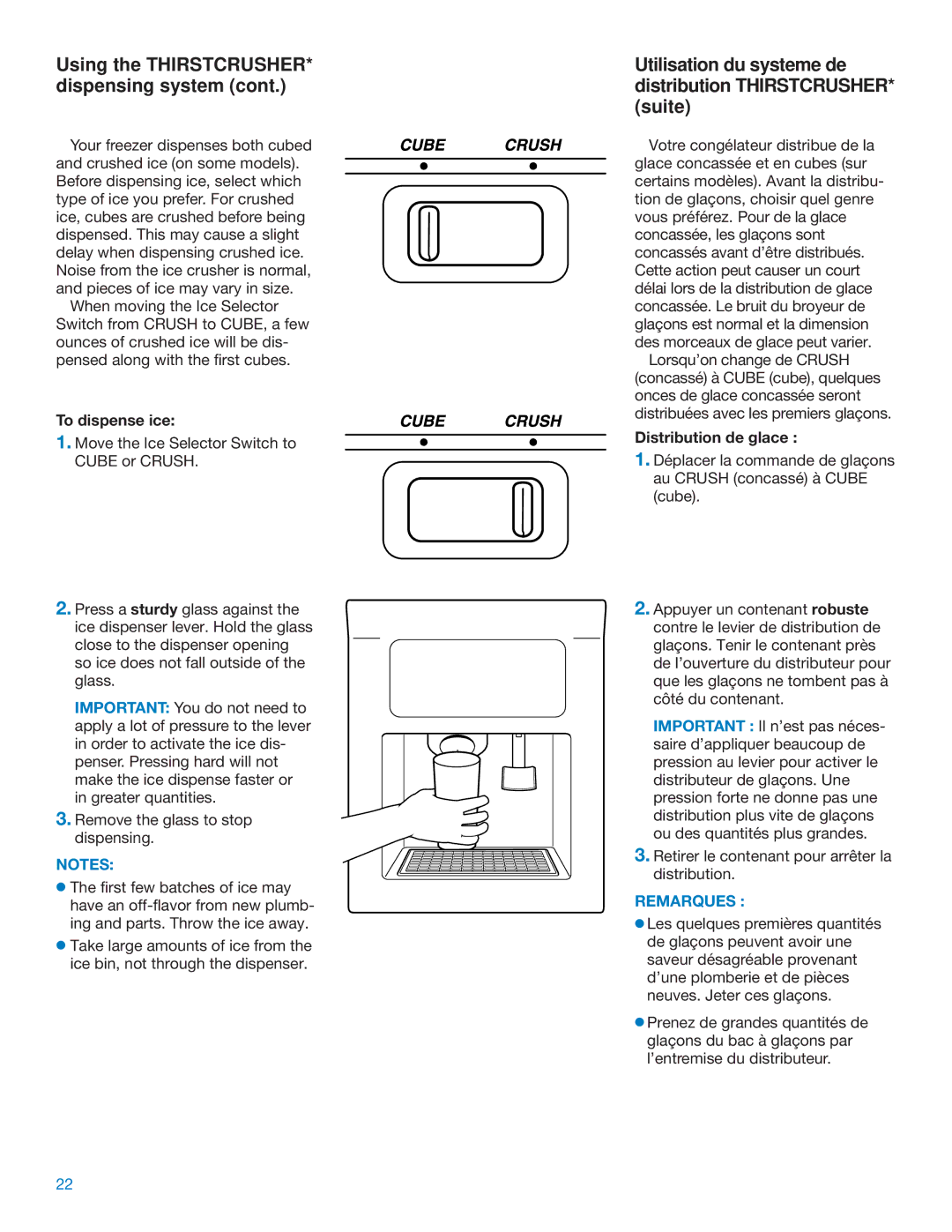 Whirlpool ED25DQXDB06 manual Using the THIRSTCRUSHER* dispensing system, To dispense ice, Distribution de glace 