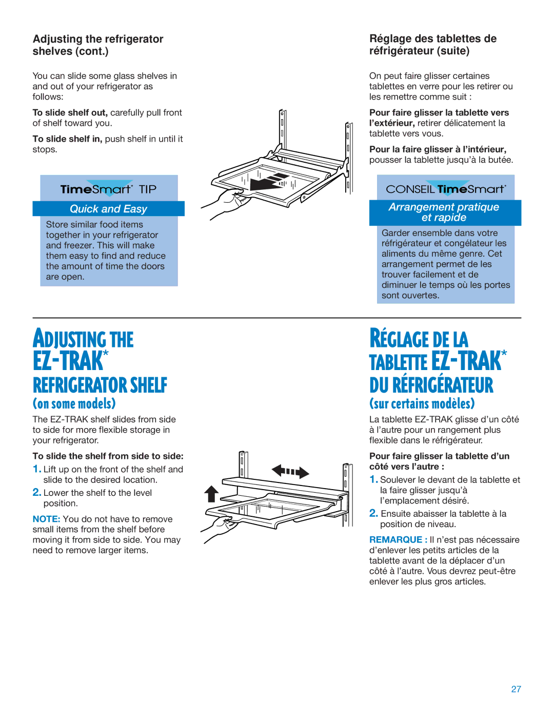 Whirlpool ED25DQXDB06 manual Refrigerator Shelf, Adjusting the refrigerator, Shelves Réfrigérateur suite 